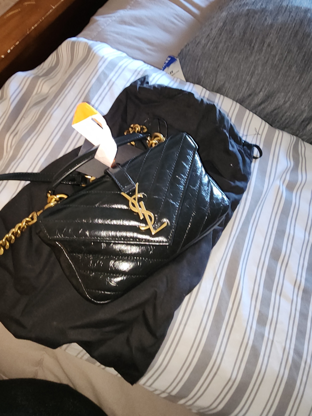 Yves Saint Laurent Black Quilted Patent Shoulder Bag with Gold Hardware
